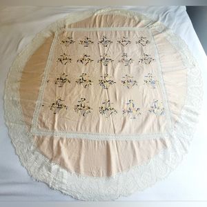 Vintage Handmade Linen Round Tablecloth Lace Ivory Floral Basket‎ Embroidery